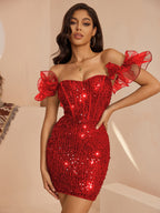 Victoria Red Ruffled Corset Bodycon Mini Dress