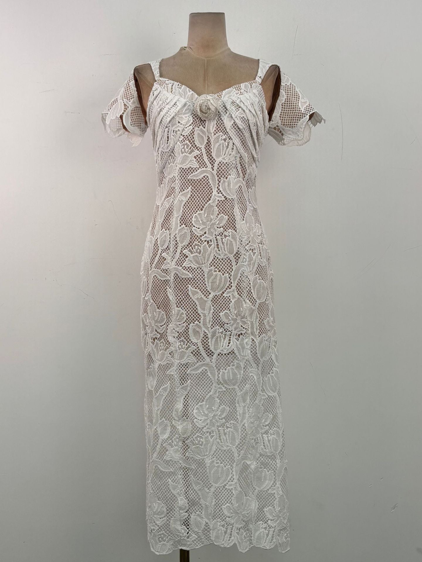 phoenix floral Applique hollow lace Midi Dress - white