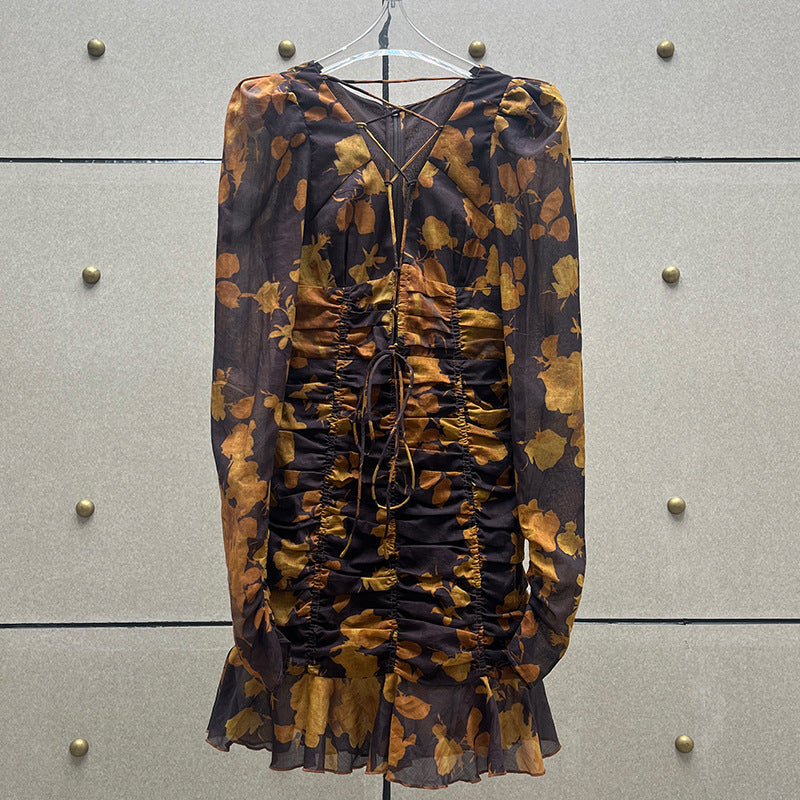 Flowering Girl Women floral print hollow tulle mini dress in brown