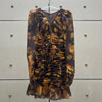 Flowering Girl Women floral print hollow tulle mini dress in brown