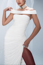 Lola White Off-Shoulder Asymmetrical-Draped High Slit Maxi Dress
