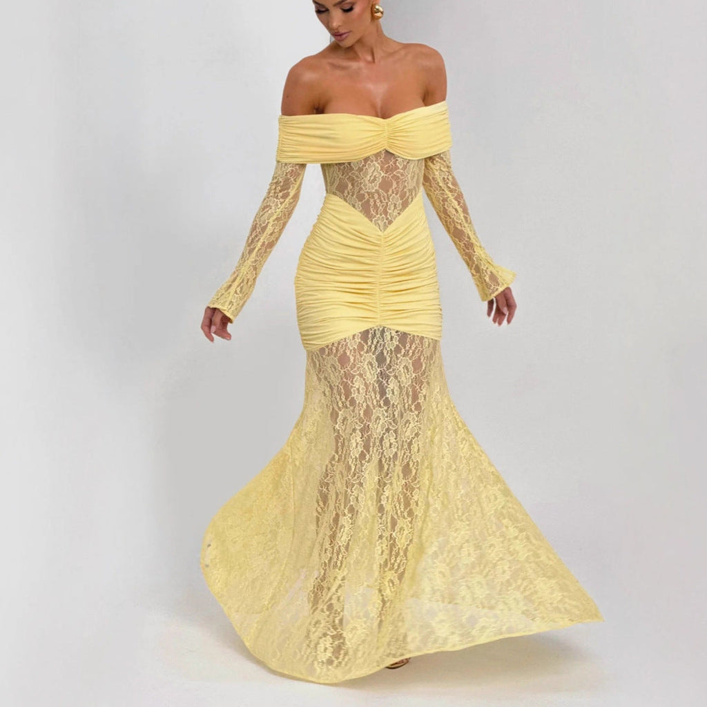 Flowering Girl Women Lace-trimmed flared sleeve fishtail maxi skirt