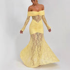 Flowering Girl Women Lace-trimmed flared sleeve fishtail maxi skirt