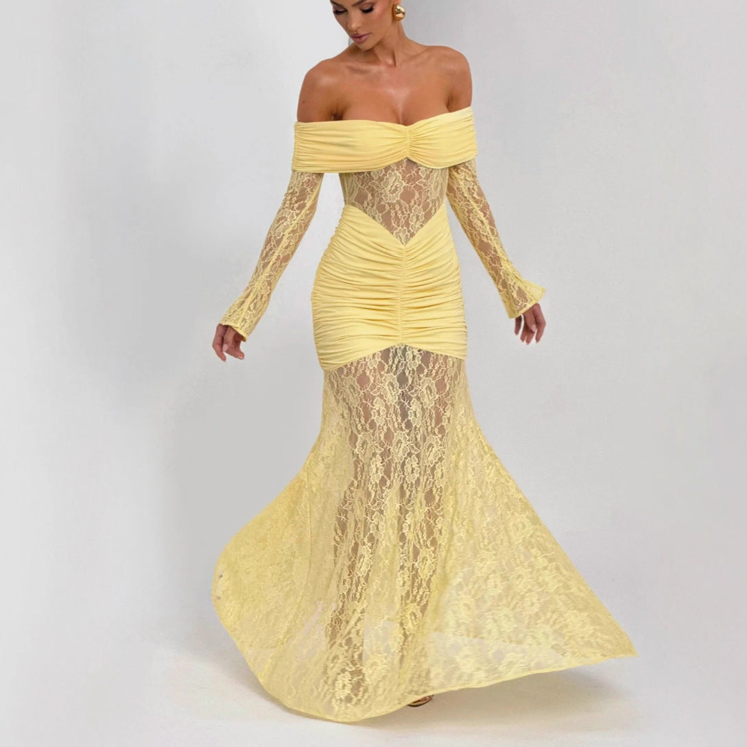 Flowering Girl Women Lace-trimmed flared sleeve fishtail maxi skirt