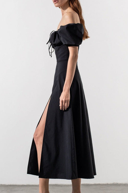 Flowering Girl Women black Puff Sleeve Lace-up Slit Dress