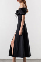 Flowering Girl Women black Puff Sleeve Lace-up Slit Dress