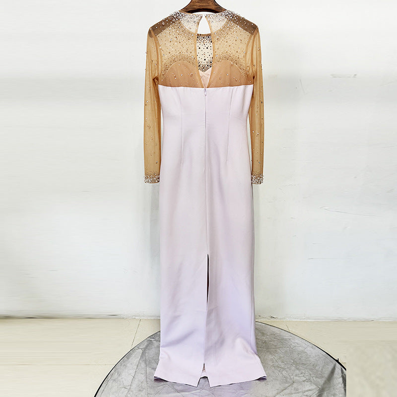 pink mesh splicing bead  long dress with diamonds