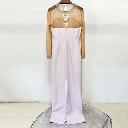 pink mesh splicing bead  long dress with diamonds