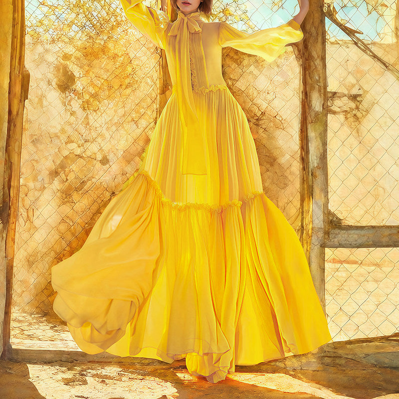 Yellow Long Sleeved Large Swing Dress