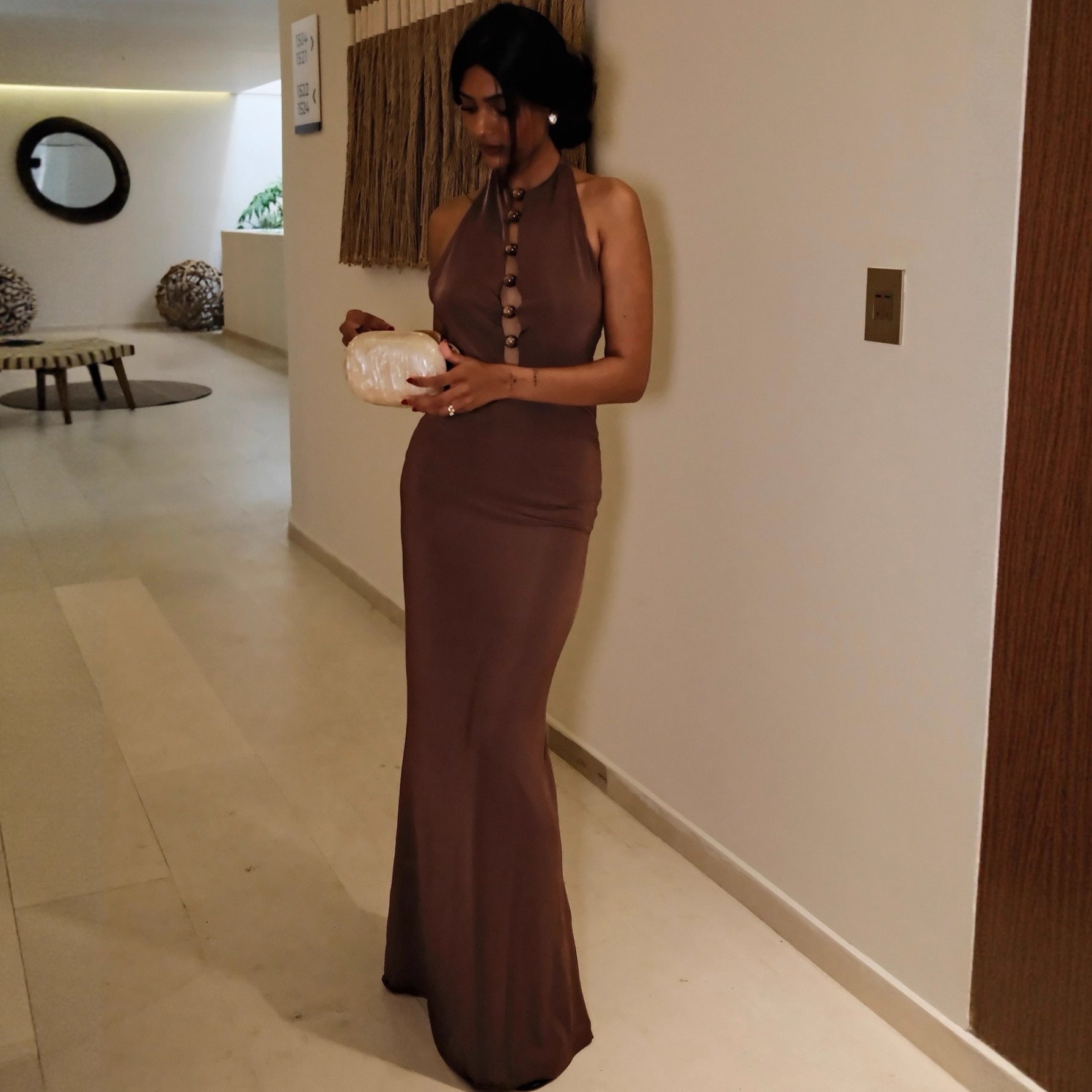 Flowering Girl Women brown halterneck open back maxi dress