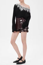 Camille Sequin Embellished Leather Mini Skirt In Burgundy