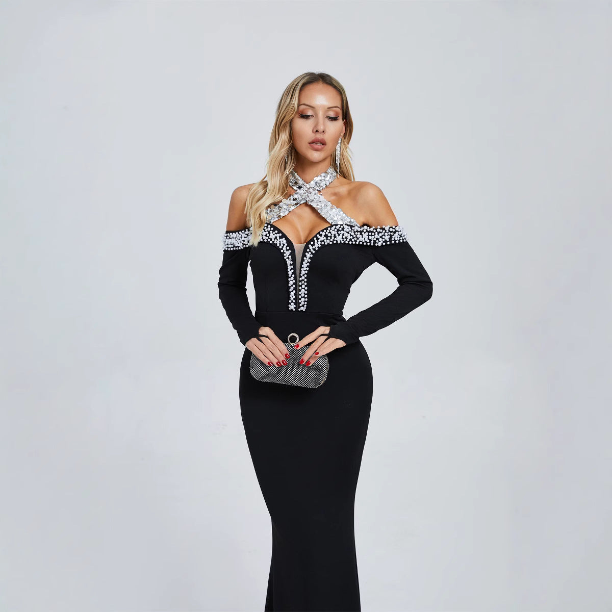 Flowering Girl Women Halter Pearl Crystal-Trim Gown in black