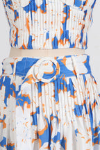 Flowering Girl Women Pleated Floral-Print Linen Bustier Top Skirt Set In Blue