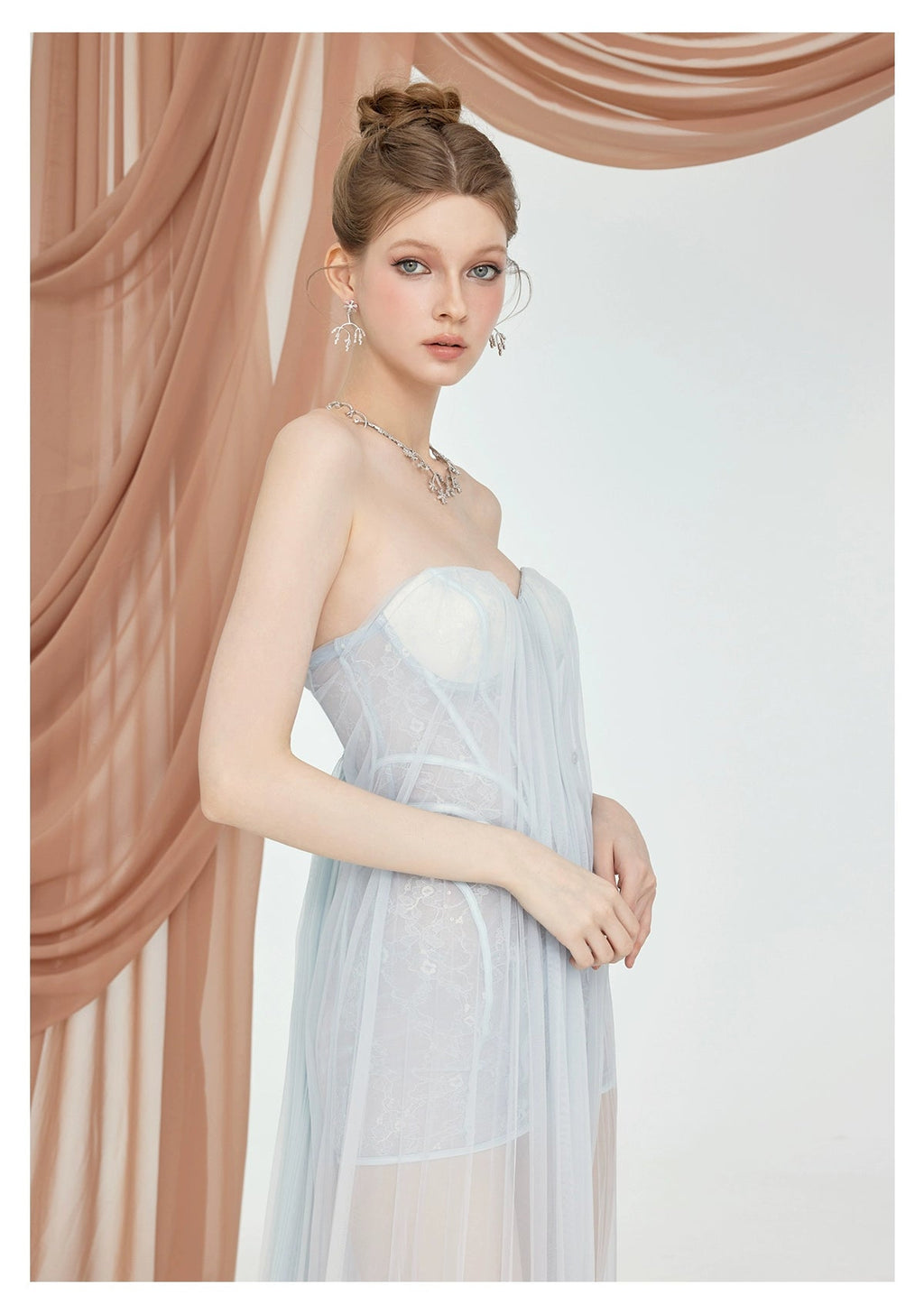 Flowering Girl Women Thea Strapless Mesh Backless maxi Dress in light blue