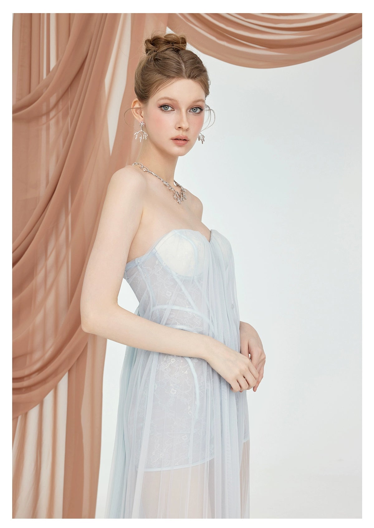 Flowering Girl Women Thea Strapless Mesh Backless maxi Dress in light blue