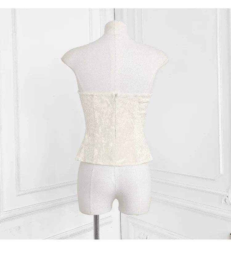 Flowering Girl Women Strapless Ruffle Lace Trim Velvet Jacquard Corset Top
