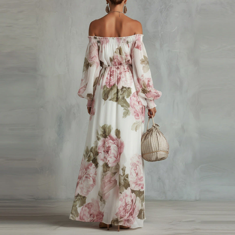 Flowering Girl Women off-shoulder Print lantern sleeve maxi dress