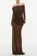 cara Off-shoulder long sleeve pleated mesh maxi dress in brown