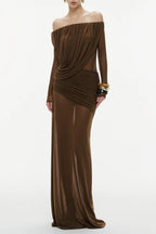 cara Off-shoulder long sleeve pleated mesh maxi dress in brown