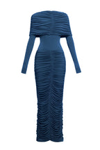alice navy pleated Form-fitting maxi dress with asymmetrical draped shoulder