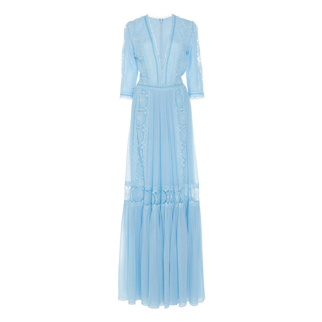 Blue V-Neck Lace Spliced Maxi Dress