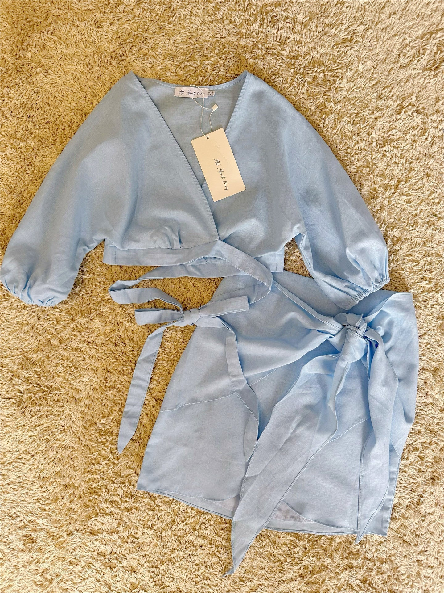 blue wrap-up bat sleeve cotton-linen set two-piece set