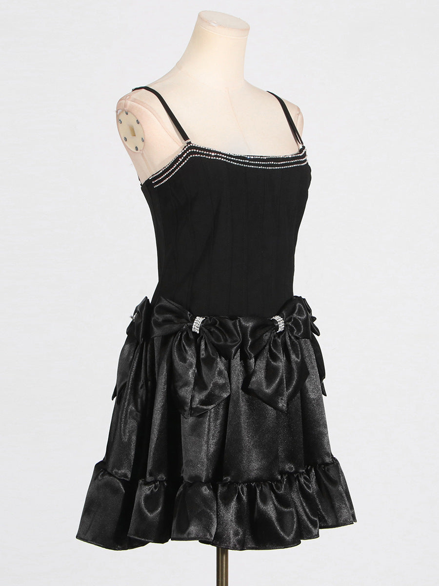 Flowering Girl Women Diamond bow mini dress in black