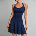 Flowering Girl Women blue halter neck backless ruffle mini dress