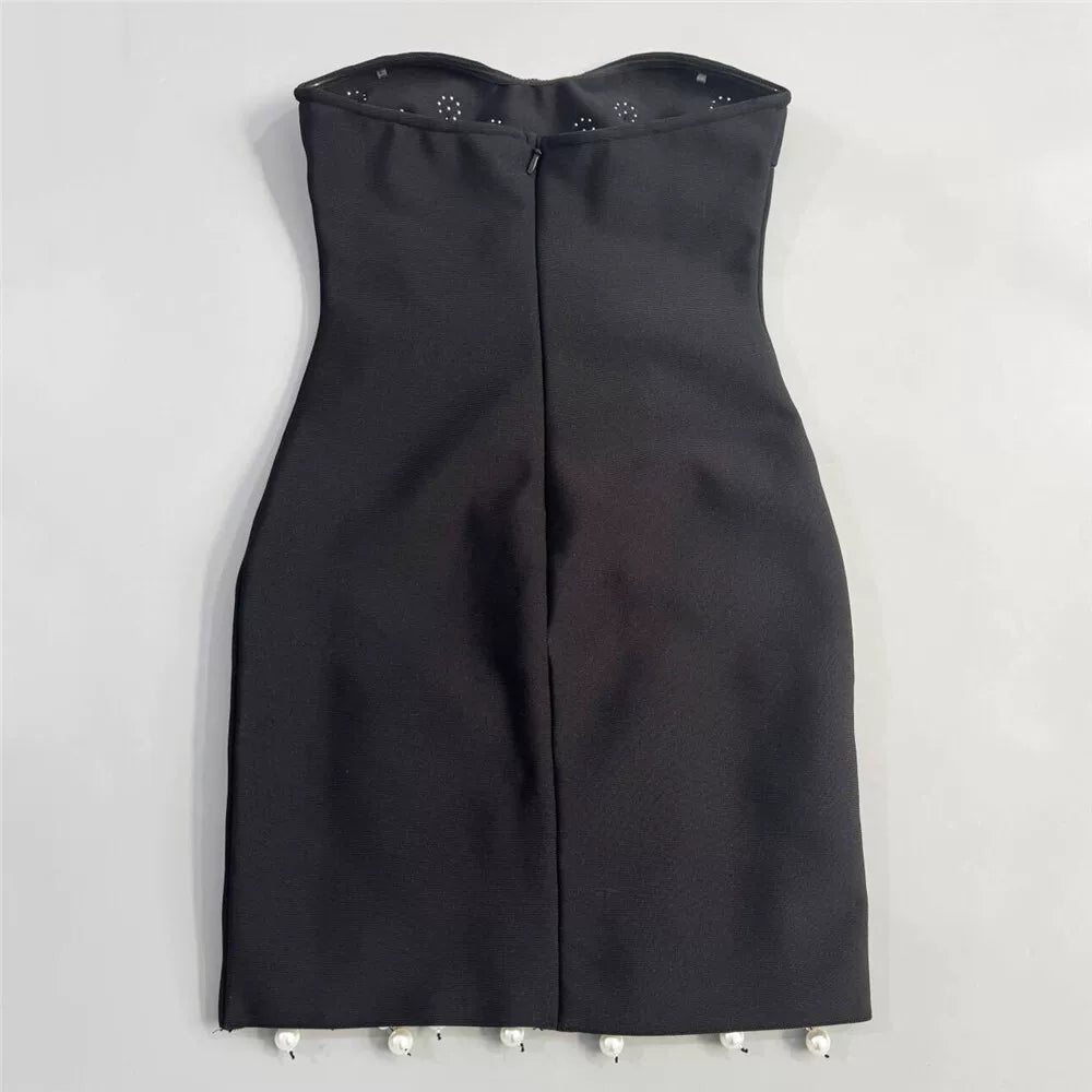 Flowering Girl Women Strapless Pearl Rhinestone Cluster Bodycon Mini Dress