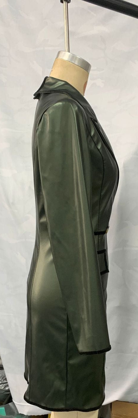 Flowering Girl Women Green Lapel Long Sleeve Dress