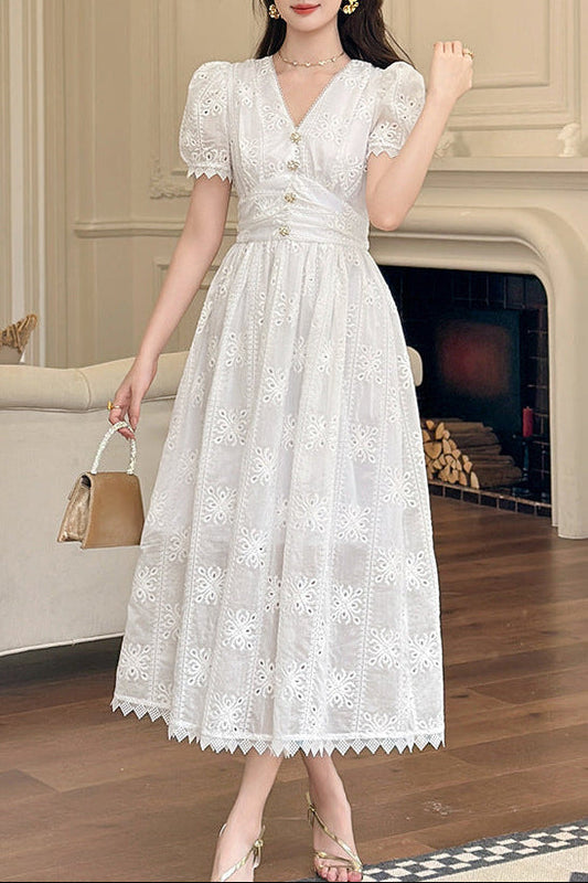 White Eyelet Embroidered Puff Sleeve Midi Dress