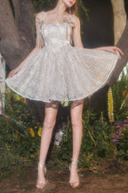 Beige Square Collar Sleeveless Lace Cocktail Dress