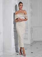 polly Contour Off-Shoulder Jacquard Floral Maxi Dress - apricot