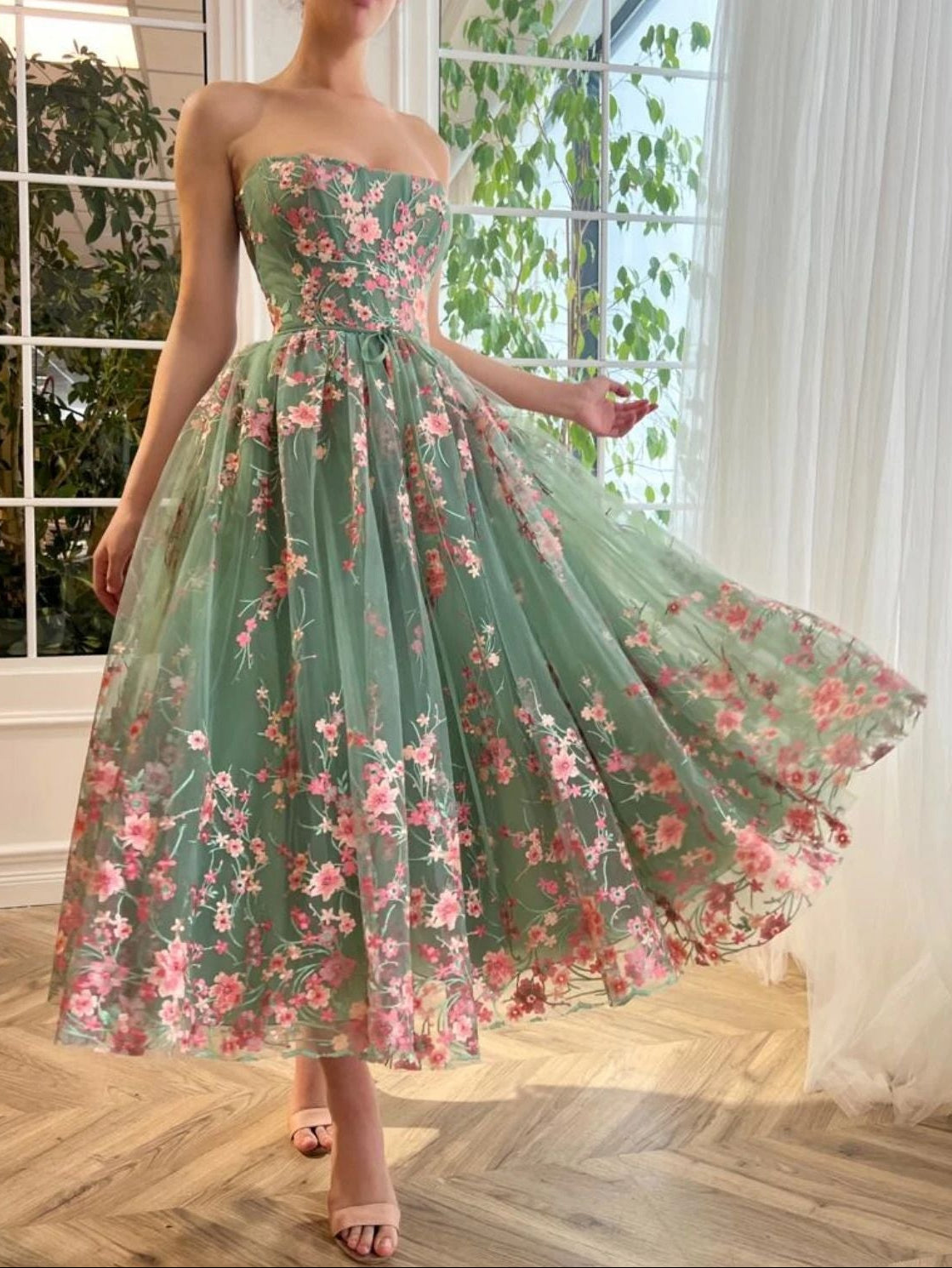 Flowering Girl Women Strapless Floral Tulle Ballerina Midi Dress