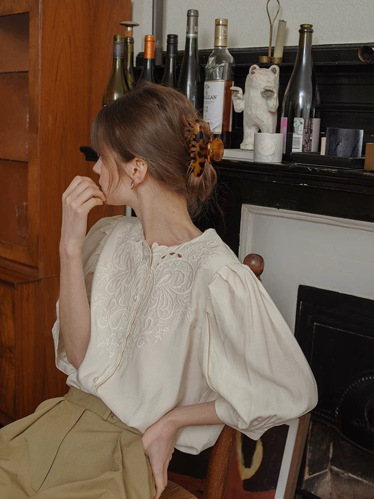 Flowering Girl Women white embroidered cut-out crew neck lantern sleeve shirt