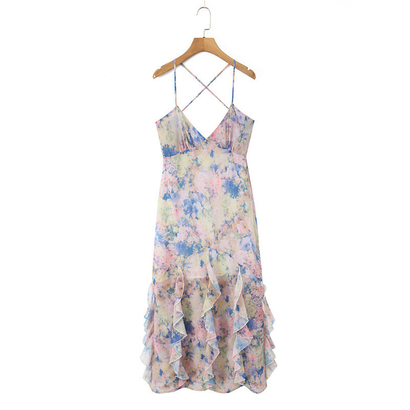 Flowering Girl Women rebecca Floral print ruffle backless maxi dress - blue
