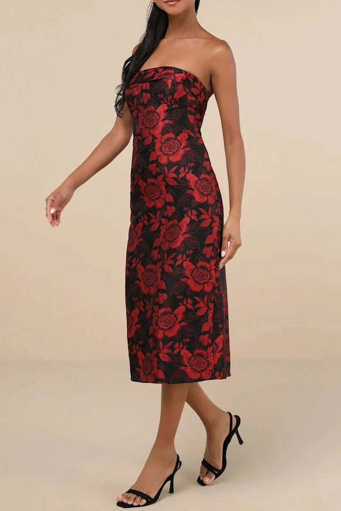 Burgundy Vintage Embossed Flower Wrap Midi Dress