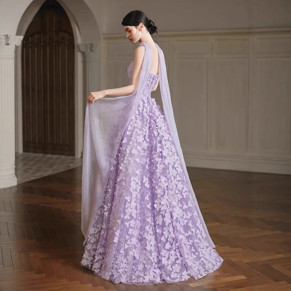 Arlene Floral Strapless Evening Gown - Purple
