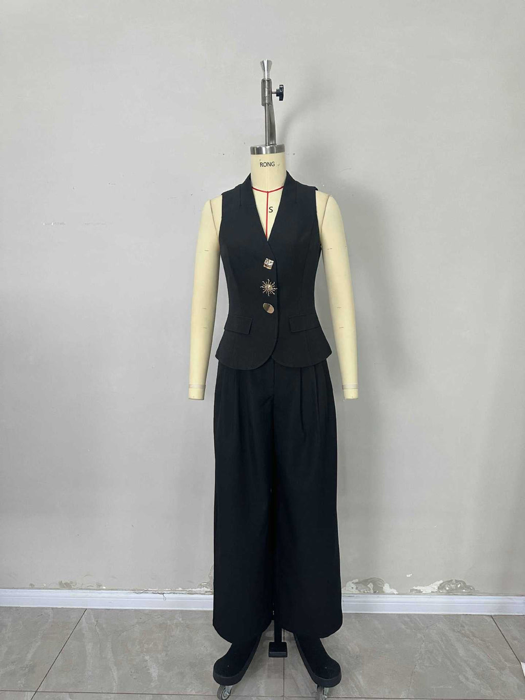 Flowering Girl Women Black High Waist Pleated Wide Leg Suit Trousers Office Formal Loose Straight Dress Pants