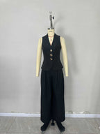 Flowering Girl Women Black High Waist Pleated Wide Leg Suit Trousers Office Formal Loose Straight Dress Pants