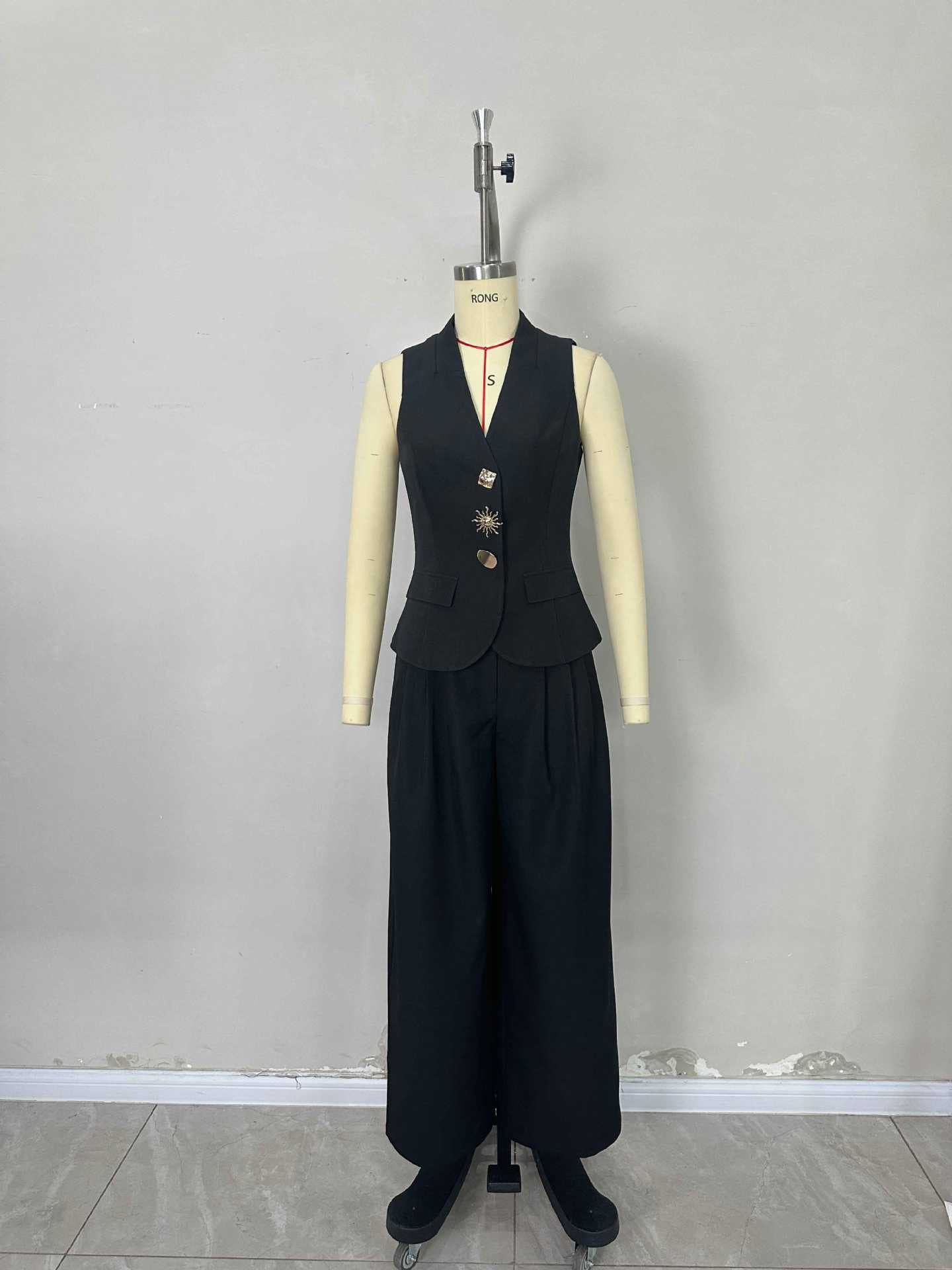 Flowering Girl Women Black High Waist Pleated Wide Leg Suit Trousers Office Formal Loose Straight Dress Pants