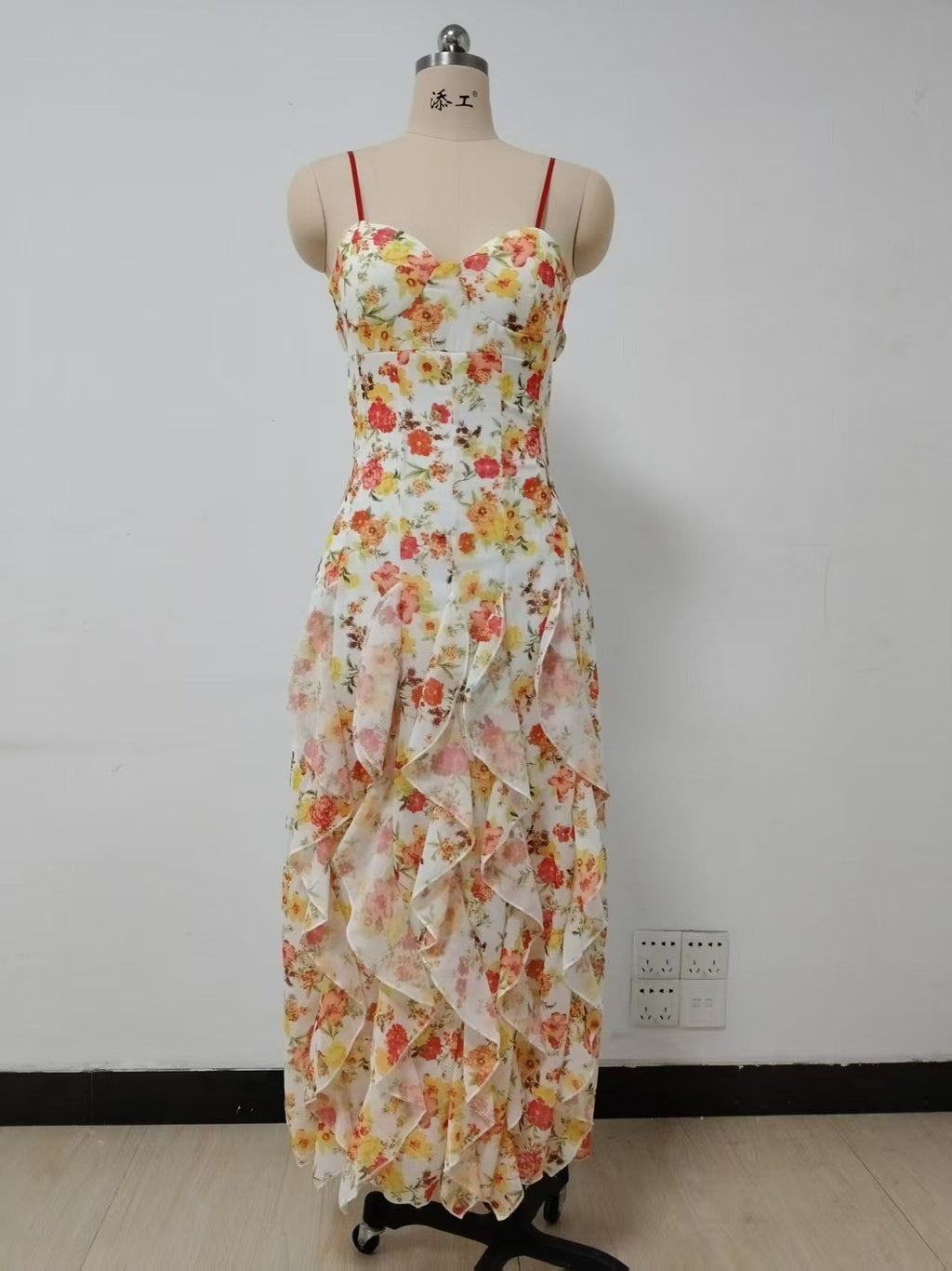 floral print ruffle high slit mini Dress - red