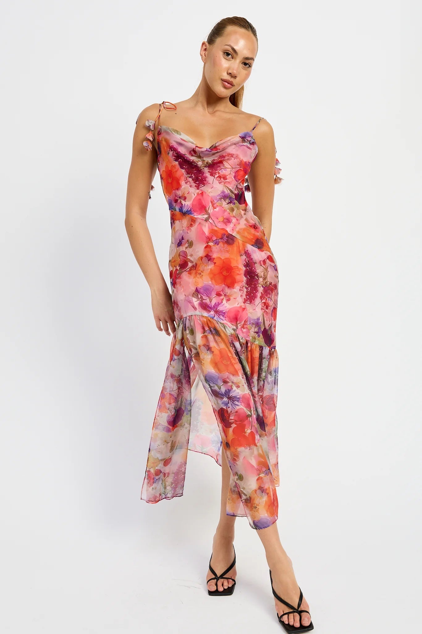 Red Multi Floral Tie Strap Midi Dress