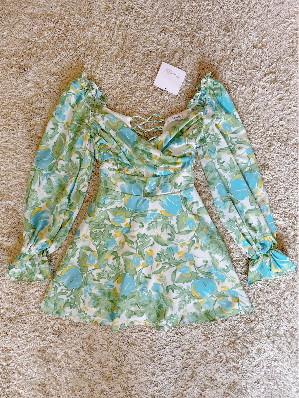 Flowering Girl Women Off Shoulder Lace-Up Back Floral Puff Sleeve Mini Dress