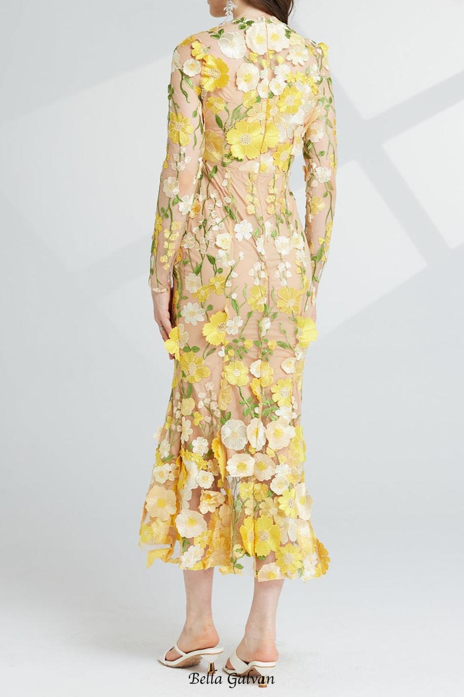 Flowering Girl Women CAROL YELLOW FLORAL EMBROIDERY MESH LONG SLEEVE MIDI DRESS