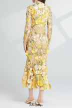 Flowering Girl Women CAROL YELLOW FLORAL EMBROIDERY MESH LONG SLEEVE MIDI DRESS