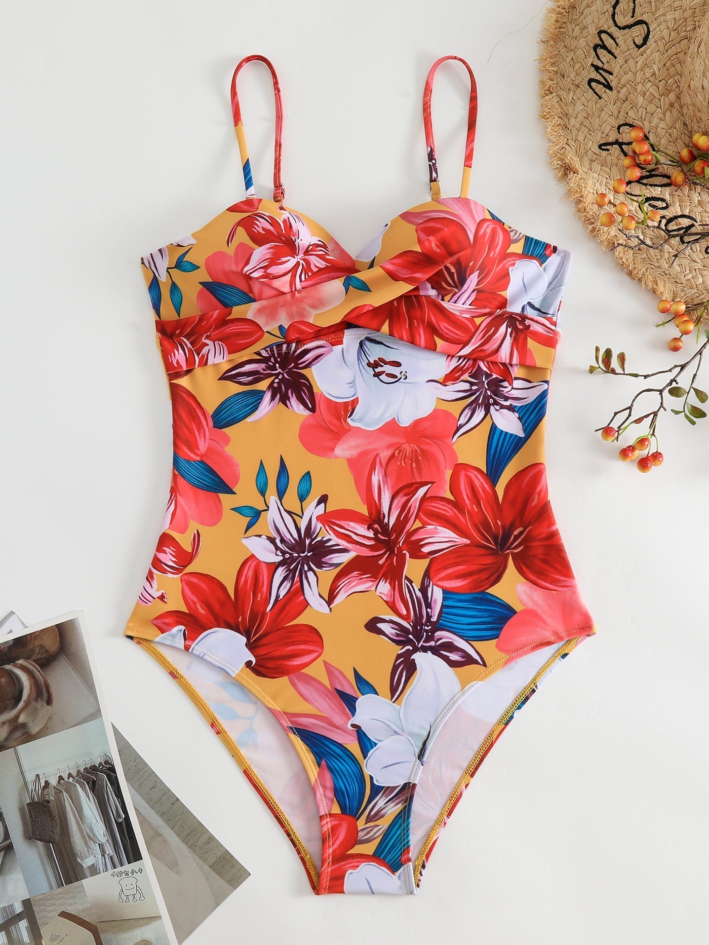 floral print pleated strap bikini