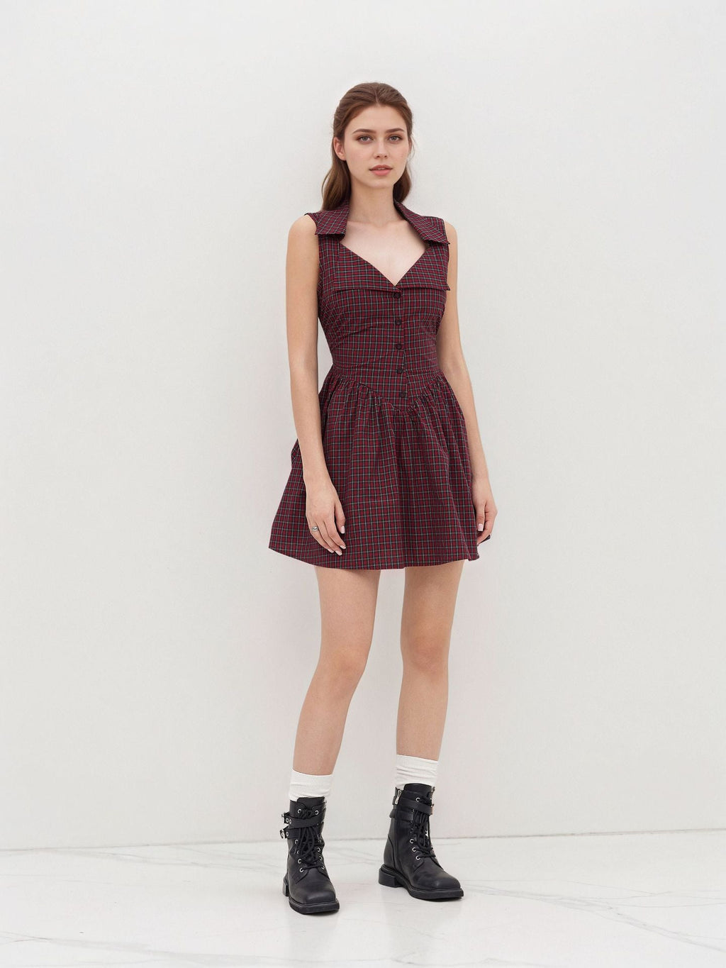 Flowering Girl Women Red Plaid Sleeveless Lapel V Neck Button Front Fit And Flare Mini Dress Summer Retro Dress