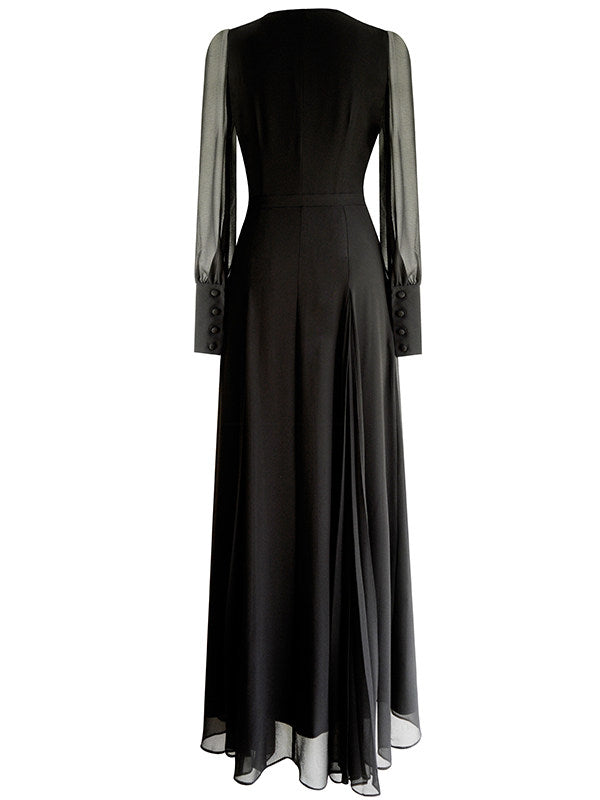 Black V-Neck Long Sleeves Maxi Dress