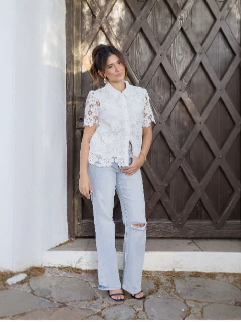 White Cut-Out Embroidery Lace Short-Sleeved Shirt Top